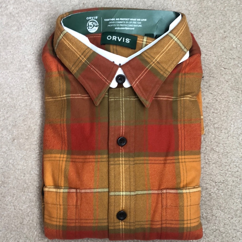 Orvis ,size large flannel shirt pumpkin colors